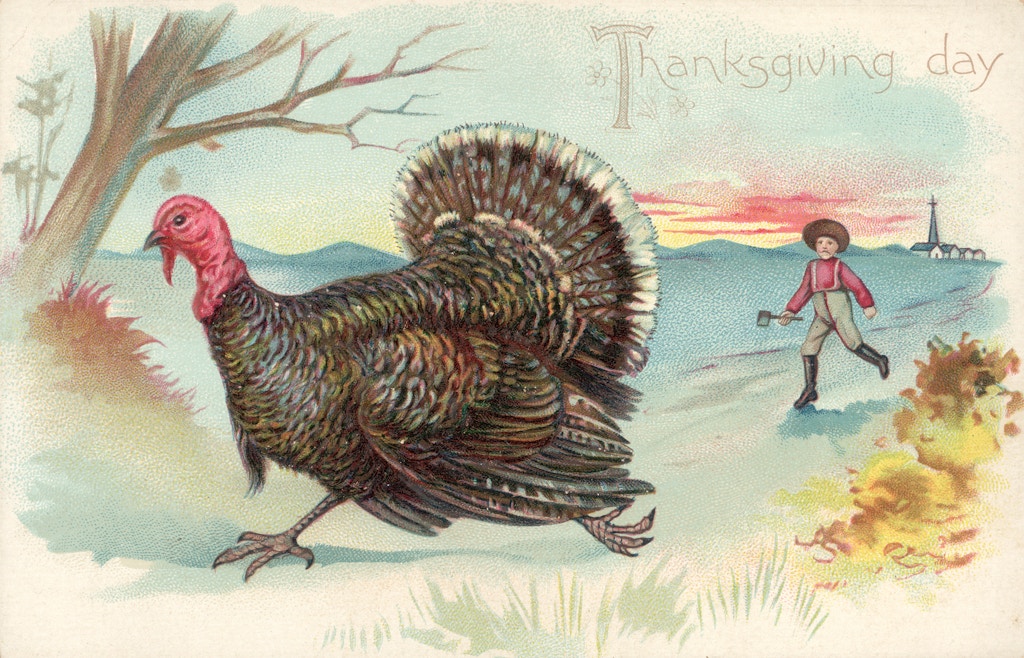 circa 1850:  In a postcard entitled 'Thanksgiving Day', a young boy with a hatchet chases a turkey across a field.  (Photo by Hulton Archive/Getty Images)