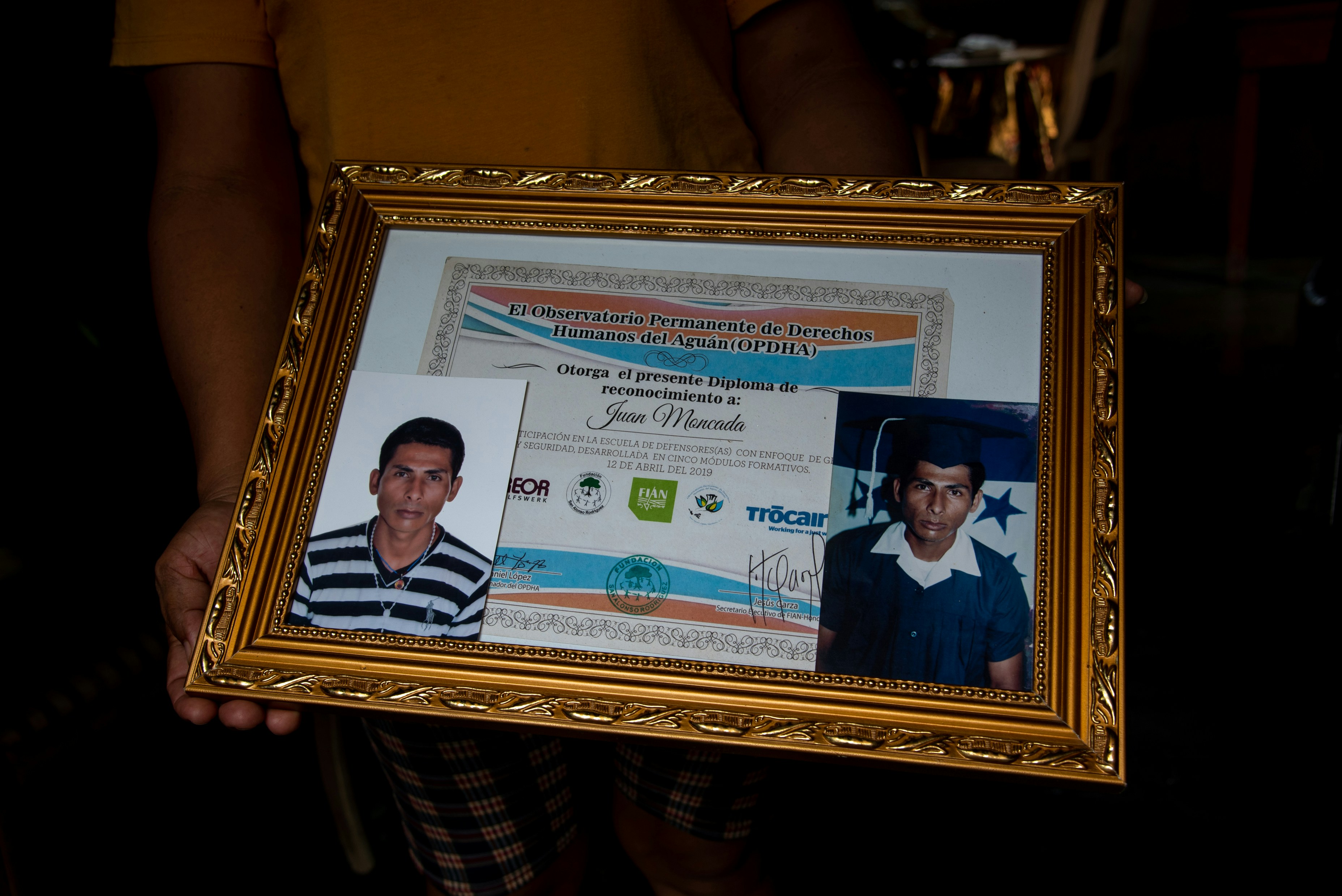 Juan Miguel Moncada's Human Rights degree he earned in 2019 as a member of the Gregorio Chavez campesino co-op on July, 20th, 2021. He was murdered, allegedly by paramilitaries, on July, 6th, 2021. Seth Berry for The Intercept.