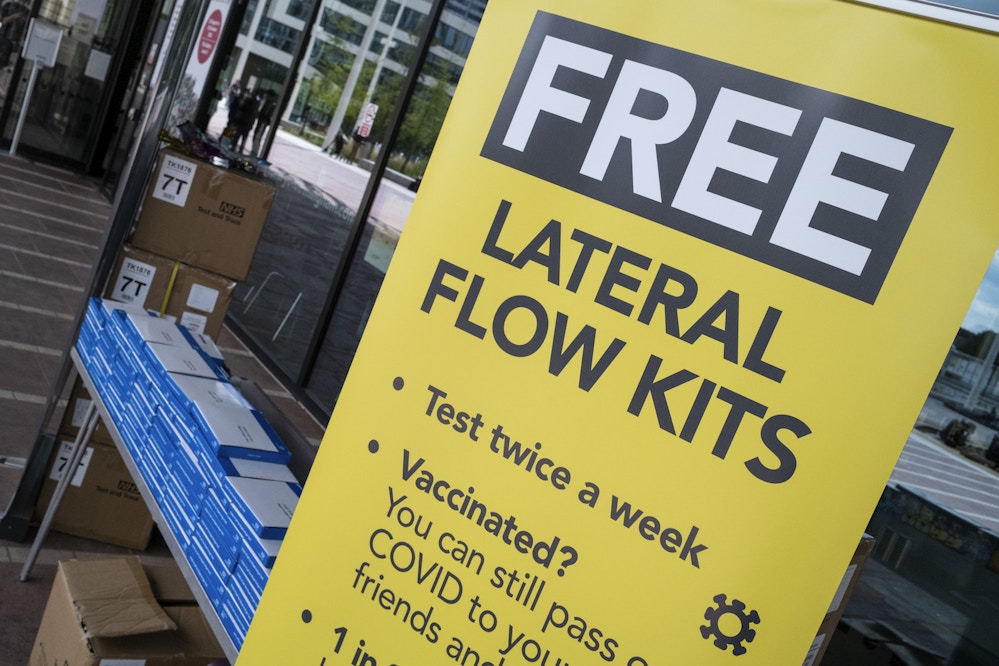 Free NHS test and trace lateral flow testing kits being given out in the city centre on 3rd August 2021 in Birmingham, United Kingdom. Rapid lateral flow self testing kits are for people who do not have symptoms of coronavirus / COVID-19 and give a quick result. (photo by Mike Kemp/In Pictures via Getty Images)