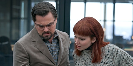 A promotional still from “Don't Look Up” shows Leonardo DiCaprio as Randall Mindy and Jennifer Lawrence as Kate Dibiasky.
