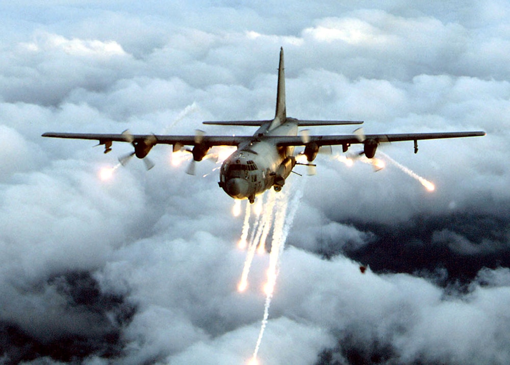 395926 01: (FILE PHOTO) An Air Force Special Forces AC-130 gunship in an undated photo, which was used by the U.S. military to attack targets around the Taliban of Kandahar a senior defense official said October 15, 2001. The four-engine turbo-prop aircraft was used for the first time October 15 in the nine-day air campaign against Taliban military and guerrilla training camps in Afghanistan. (Photo by U.S. Air Force/Getty Images)