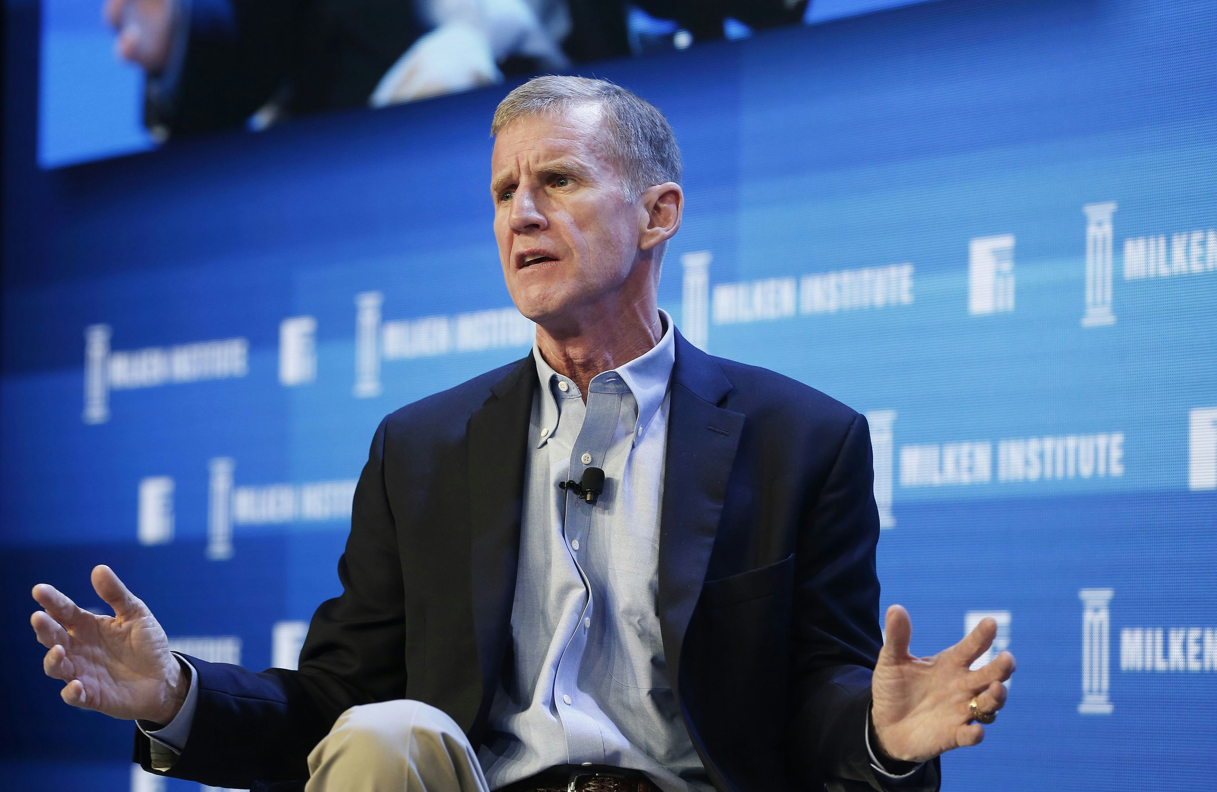 Stanley McChrystal, chairman of Siemens Government Technologies Inc., speaks during the annual Milken Institute Global Conference in Beverly Hills, California, U.S., on Monday, May 2, 2016. The conference gathers attendees to explore solutions to today's most pressing challenges in financial markets, industry sectors, health, government and education. Photographer: Patrick T. Fallon/Bloomberg via Getty Images