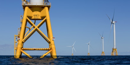 The GE-Alstom Block Island Wind Farm stands in the water off Block Island, Rhode Island, U.S., on Wednesday, Sept, 14, 2016. The installation of five 6-megawatt offshore-wind turbines at the Block Island project gives turbine supplier GE-Alstom first-mover advantage in the U.S. over its rivals Siemens and MHI-Vestas. Photographer: Eric Thayer/Bloomberg via Getty Images