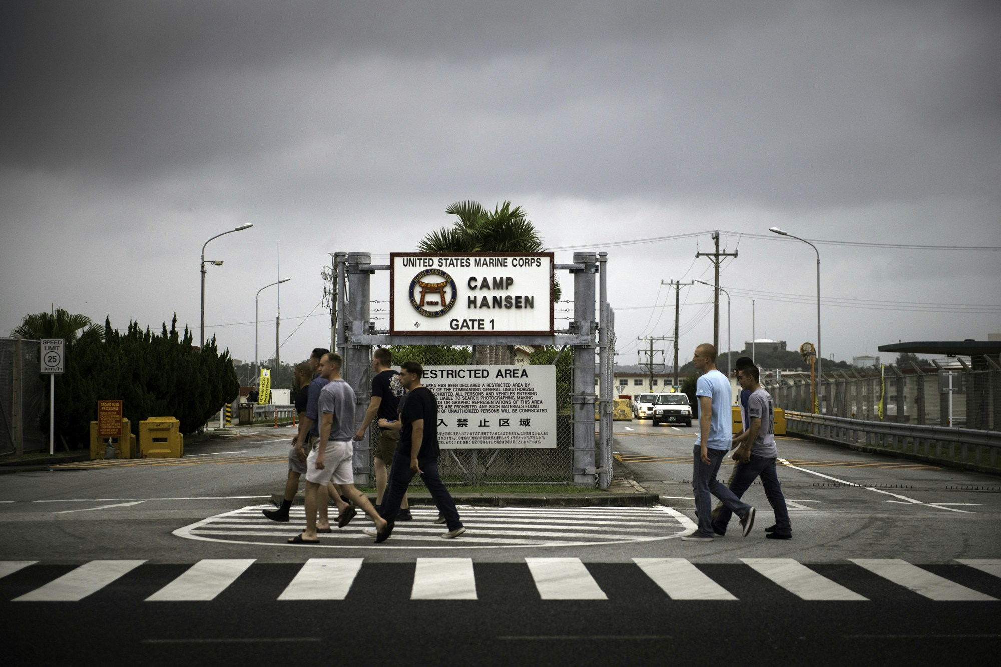 US Military were seen walking in front of the U.S. Marine Corps' Camp Hansen gate during off duty on Friday, June 15, 2018 in Ginoza, Okinawa prefecture, Japan. (Photo: Richard Atrero de Guzman /Nur Photo ) (Photo by Richard Atrero de Guzman/NurPhoto via Getty Images)