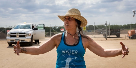 Environmentalist Winona LaDuke speaks to the media in front of the section of Enbridge Pipeline 3 outside Park Rapids, Minnesota, on June 6, 2021. - Line 3 is an oil sands pipeline which runs from Hardisty, Alberta, Canada to Superior, Wisconsin in the United States. In 2014, a new route for the Line 3 pipeline was proposed to allow an increased volume of oil to be transported daily. While that project has been approved in Canada, Wisconsin, and North Dakota, it has sparked continued resistance from climate justice groups and Native American communities in Minnesota. While many people are concerned about potential oil spills along Line 3, some Native American communities in Minnesota have opposed the project on the basis of treaty rights and calling President Biden to revoke the permits and halt construction. (Photo by Kerem Yucel / AFP) (Photo by KEREM YUCEL/AFP via Getty Images)