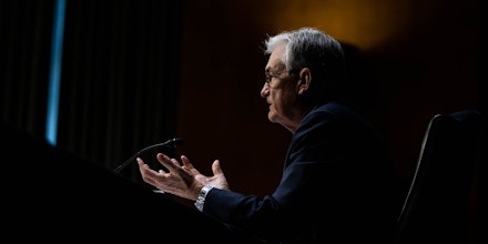 Jerome Powell, chairman of the U.S. Federal Reserve, speaks during a Senate Banking, Housing, and Urban Affairs Committee confirmation hearing in Washington, D.C., U.S., on Tuesday, Jan. 11, 2022. Powell said the central bank will prevent higher inflation from becoming entrenched while cautioning that the post-pandemic economy might look different than the previous expansion. Photographer: Graeme Jennings/Washington Examiner/Bloomberg via Getty Images