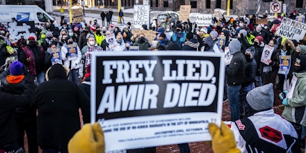 MINNEAPOLIS, MN - FEBRUARY 05: Protesters gather ahead of a racial justice march for Amir Locke on February 5, 2022 in Minneapolis, Minnesota. Community leaders called for reform in the city after Locke, 22, was killed by the Minneapolis Police Department during a no-knock raid in which Locke was not the target of a warrant. (Photo by Nathan Howard/Getty Images)