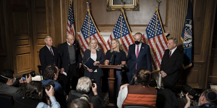 Former Fox News anchor Gretchen Carlson, center — with Sens. Lindsey Graham, Chuck Grassley, Kirsten Gillibrand, Chuck Schumer, and Dick Durbin — speaks following the passage of the Ending Forced Arbitration of Sexual Assault and Sexual Harassment Act on Capitol Hill on Feb. 10, 2022.