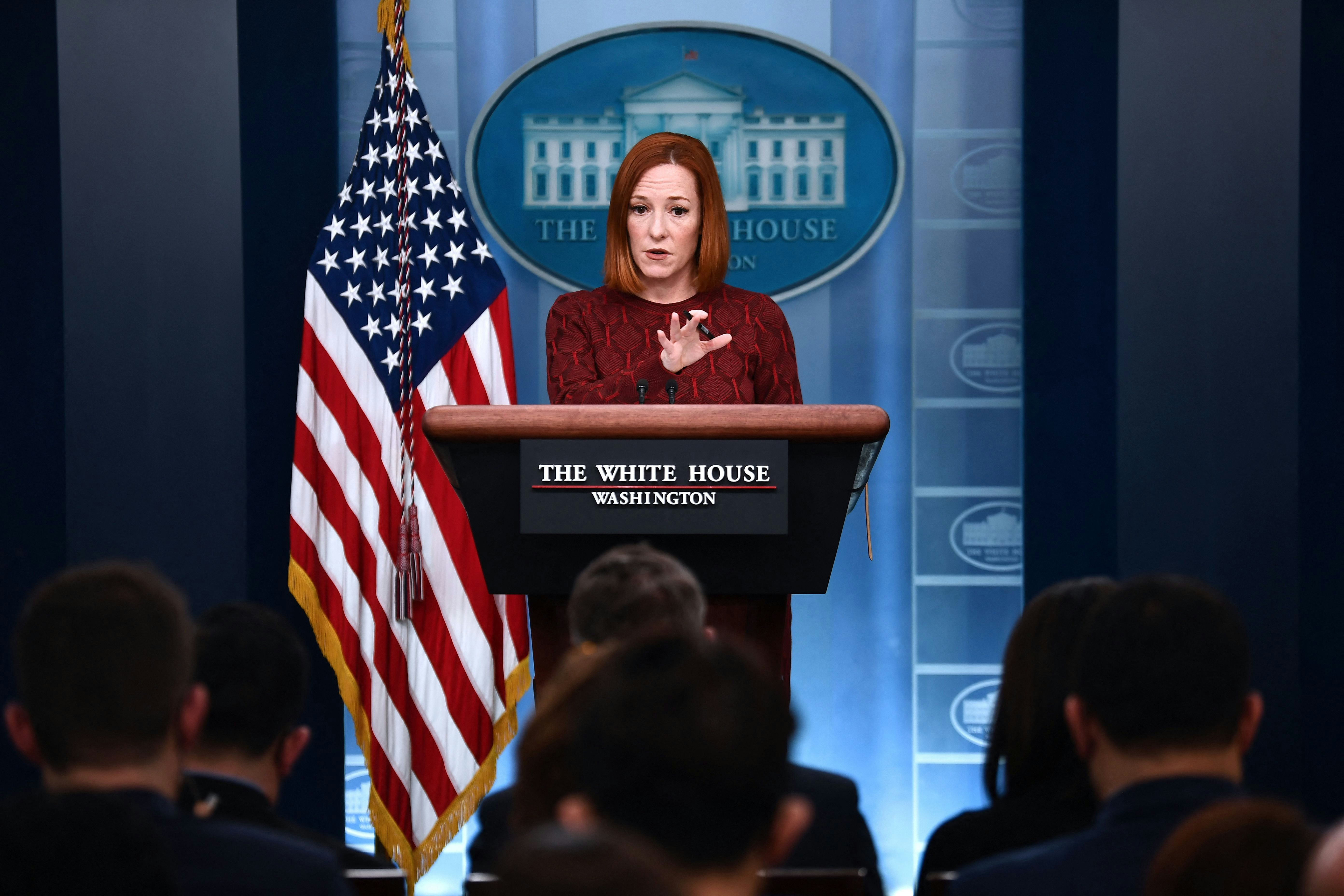 White House Press Secretary Jennifer Psaki speaks during the daily briefing in the James S. Brady press briefing room of the White House in Washington, DC, in Washington, DC on February 15, 2022. (Photo by Brendan Smialowski / AFP) (Photo by BRENDAN SMIALOWSKI/AFP via Getty Images)