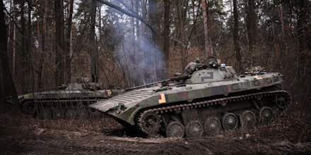 A Ukrainian infantry combat vehicle on the outskirts of Kyiv, Ukraine, on Feb. 24, 2022.