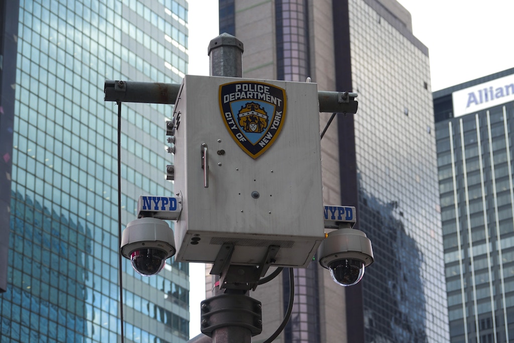 09 September 2019, US, New York: The logo of the New York City Police Department (NYPD) stands on a surveillance camera near Times Square. Photo by: Alexandra Schuler/picture-alliance/dpa/AP Images