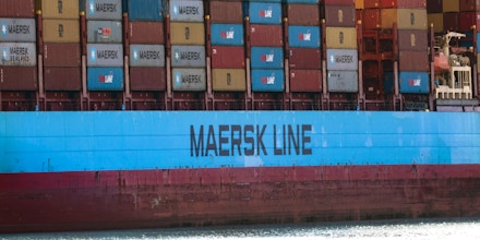 Shipping containers sit aboard a Maersk container ship at the Port of Los Angeles in San Pedro, Calif., on Feb. 9, 2022.