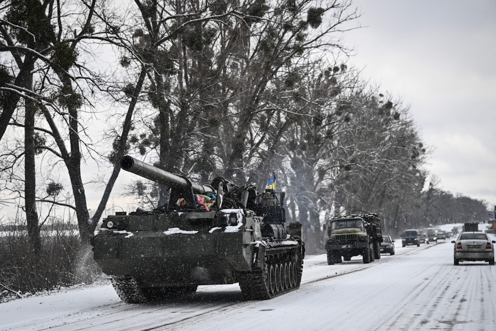 An Ukrainian tank rolls along a main road on March 8, 2022 in Ukraine.