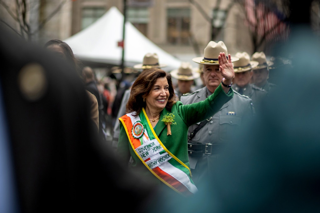 NEW YORK, NEW YORK - MARCH 17: New York Governor Kathy Hochul waves during the St. Patrick’s Day parade on March 17, 2022 in New York City. The annual New York City St. Patrick's Day Parade, which is known as the world’s largest, returned after being cancelled in 2020 and officially held virtually and downsized in 2021 due to the coronavirus pandemic. Dozens of bands, performers, politicians, and other groups made their way up Fifth Avenue in a celebration of Irish heritage.  (Photo by Alexi Rosenfeld/Getty Images)