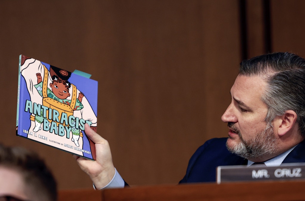 WASHINGTON, DC - MARCH 22: Sen. Ted Cruz (R-TX) holds up a book on antiracism as he questions U.S. Supreme Court nominee Judge Ketanji Brown Jackson during her Senate Judiciary Committee confirmation hearing in the Hart Senate Office Building on Capitol Hill, March 22, 2022 in Washington, DC. Judge Ketanji Brown Jackson, President Joe Biden’s pick to replace retiring Justice Stephen Breyer on the U.S. Supreme Court, would become the first Black woman to serve on the Supreme Court if confirmed. (Photo by Anna Moneymaker/Getty Images)