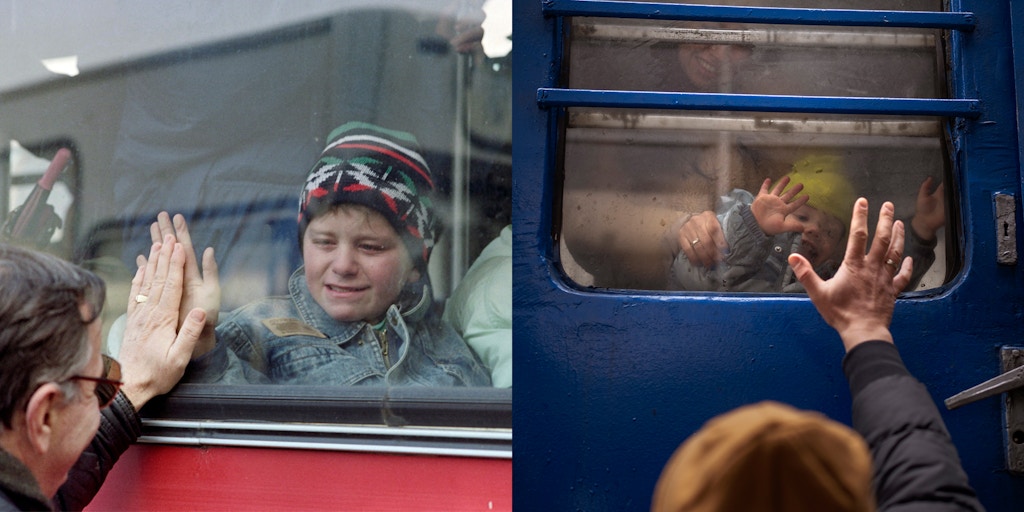 A Bosnian child cries as he leaves his father, on November 11, 1992, in Srajevo (left). A man says goodbye to his son and his wife on a train to Lviv at the Kyiv station, Ukraine, on March 3. 2022 (right).