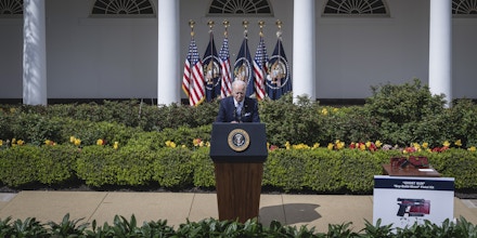 WASHINGTON, DC - APRIL 11: U.S. President Joe Biden speaks during an event about gun violence in the Rose Garden of the White House April 11, 2022 in Washington, DC. Biden announced a new firearm regulation aimed at reining in ghost guns, untraceable, unregulated weapons made from kids. Biden also announced Steve Dettelbach as his nominee to lead the Bureau of Alcohol, Tobacco, Firearms and Explosives (ATF). (Photo by Drew Angerer/Getty Images)