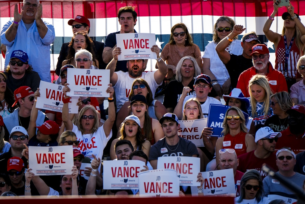 Attendees cheer on JD Vance, co-founder of Narya Capital Management LLC and U.S. Republican Senate candidate for Ohio, as he speaks during the 'Save America' rally with former U.S. President Donald Trump at the Delaware County Fairgrounds in Delaware, Ohio, U.S., on Saturday, April 23, 2022. The May 3 Republican primary for U.S. Senate in Ohio, is to replace retiring Republican U.S. Senator Rob Portman, who endorsed former Ohio Republican Party Chairwoman Jane Timken in the race, in a contest that could help determine control of the Senate, currently deadlocked at 50-50 between Democrats and Republicans. Photographer: Eli Hiller/Bloomberg via Getty Images