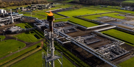 An aerial view of a natural gas extraction plant and pipework above ground at an onshore site operated by Nederlandse Aardolie Maatschappij BV (NAM) on November 22, 2021 in Groningen.