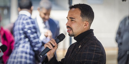 State Senator Steve Roberts speaks at Former U.S. Rep. William Lacy Clay's honrary street renaming ceremony at the corner of Natural Bridge and North Newstead avenues in St. Louis on Saturday, April 16, 2022. (Zachary Clingenpeel/Post Dispatch/POLARIS) ///
