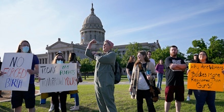 Abortion-rights supporters rally at the State Capitol, Tuesday, May 3, 2022, in Oklahoma City. (AP Photo/Sue Ogrocki)