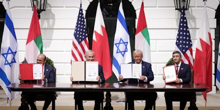 President Donald Trump and leaders from Israel, Bahrain, and the United Arab Emirates participate in the signing ceremony of the Abraham Accords on Sept. 15, 2020 in Washington, D.C.
