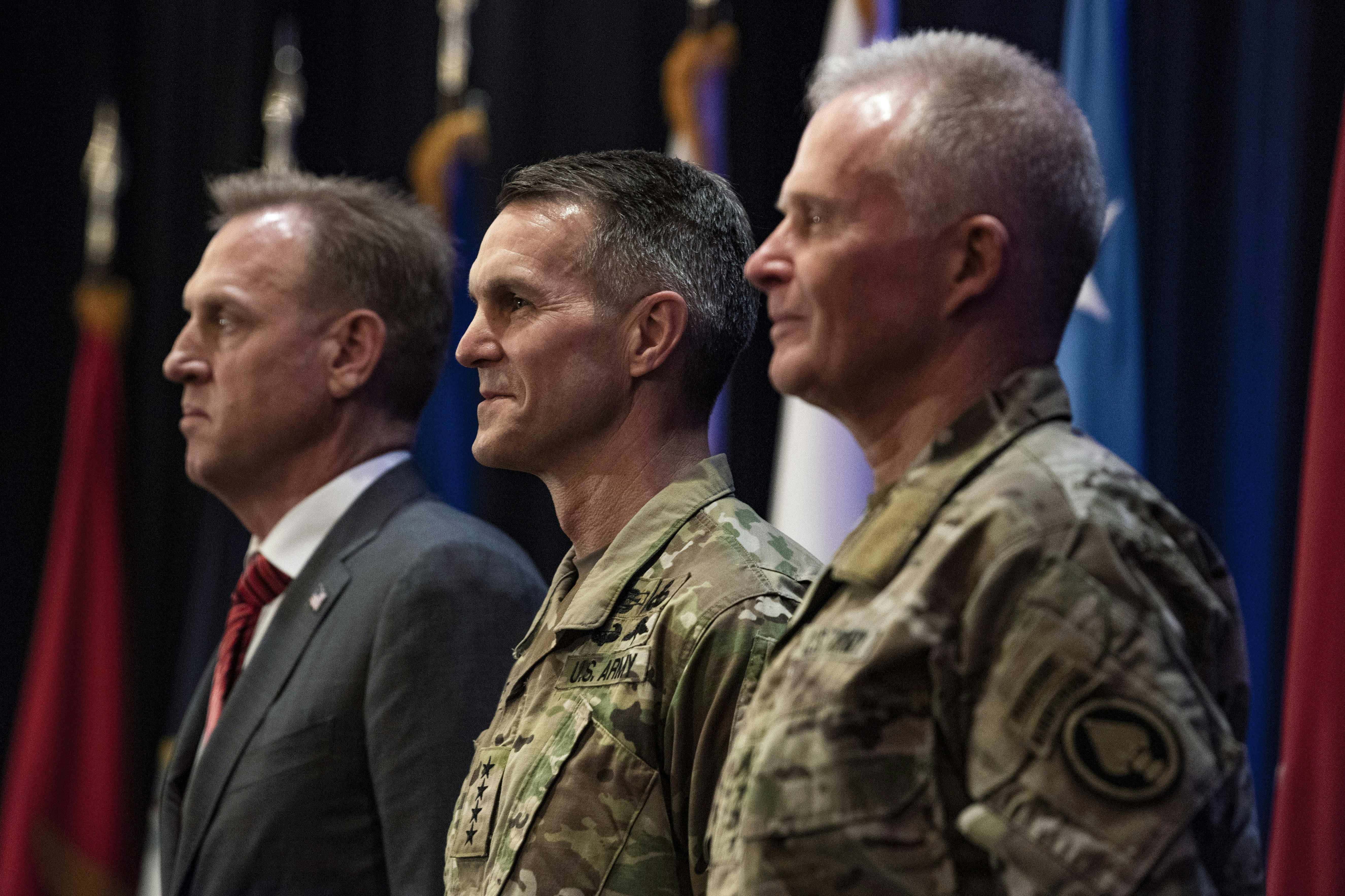U.S. Acting Secretary of Defense Patrick M. Shanahan presides over the U.S. Special Operations Command change of command, Tampa, Florida, March 29, 2019. U.S. Army Gen. Richard D. Clarke (center) took command from U.S. Army Gen. Raymond A. Thomas III (right). (DoD photo by Lisa Ferdinando)