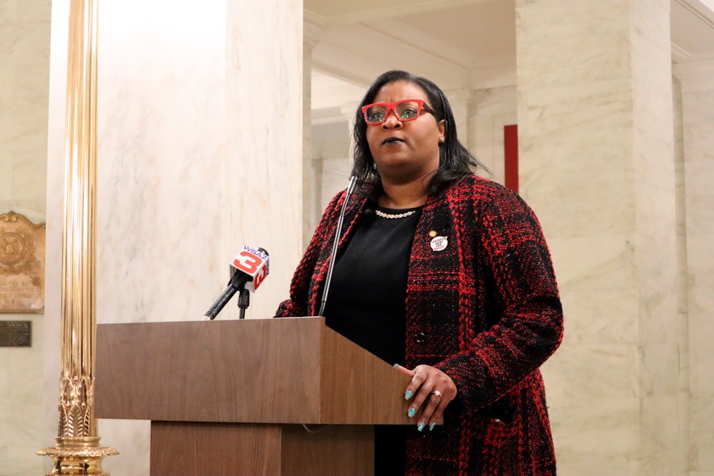 Democratic Del. Danielle Walker, a former abortion patient, speaks at a press conference at the West Virginia state Capitol in Charleston, W.Va. on Jan. 31, 2022 about a bill she's proposing that would lift restrictions on abortion in the state.
