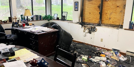 Damage is seen in the interior of Madison's Wisconsin Family Action headquarters in Madison, Wis., on Sunday, May 8, 2022. The Madison headquarters of the anti-abortion group was vandalized late Saturday or early Sunday, according to an official with the group.