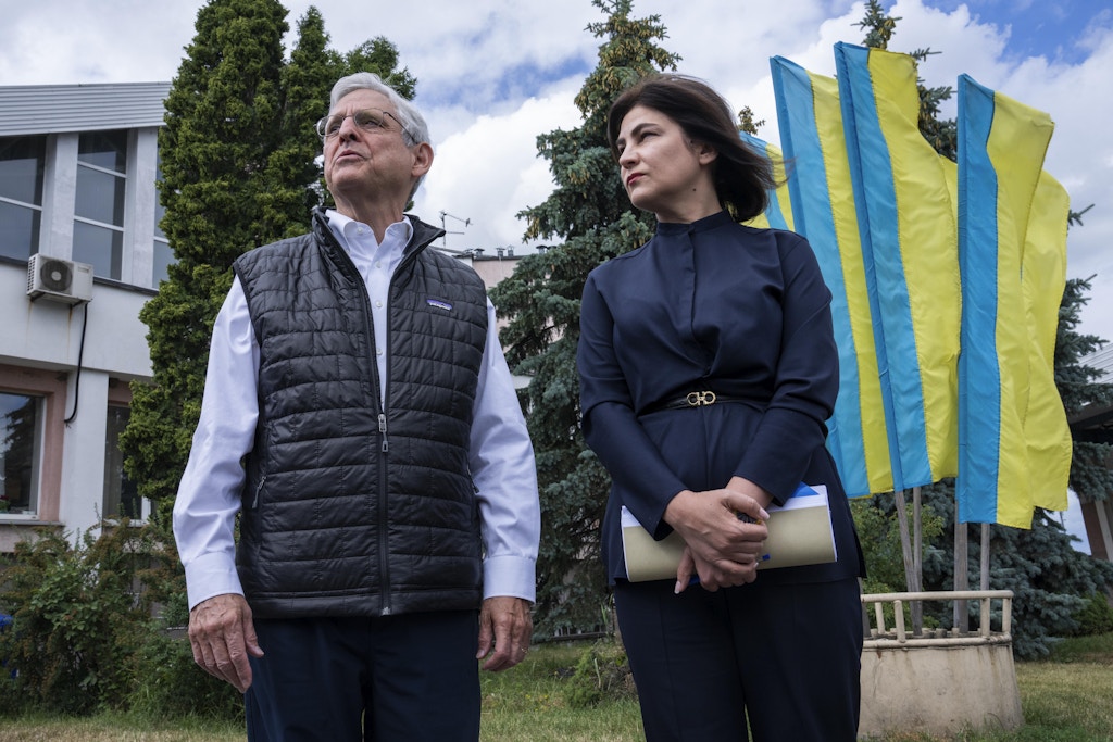 US Attorney General Merrick Garland and Ukrainian Prosecutor General of Ukraine Iryna Venediktova, meet in Krakovets, at the Ukraine border with Poland, Tuesday, June 21, 2022. (AP Photo/Nariman El-Mofty)