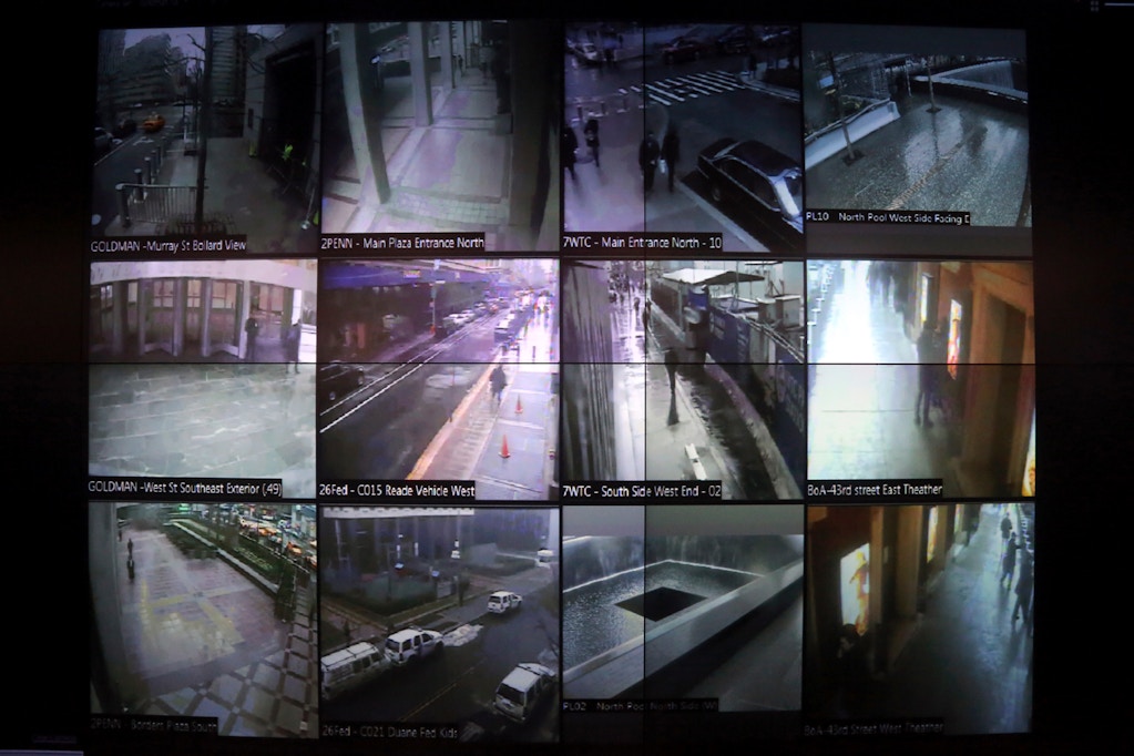 The NYPD’s Microsoft-designed Domain Awareness System, known as “the dashboard,” instantaneously mines data from the NYPD’s vast trove of records and raw intelligence materials and aggregates it into a user-friendly, readable form. This February 2019 photo shows a detail of a video wall with an interactive map and feeds from nearby security cameras.