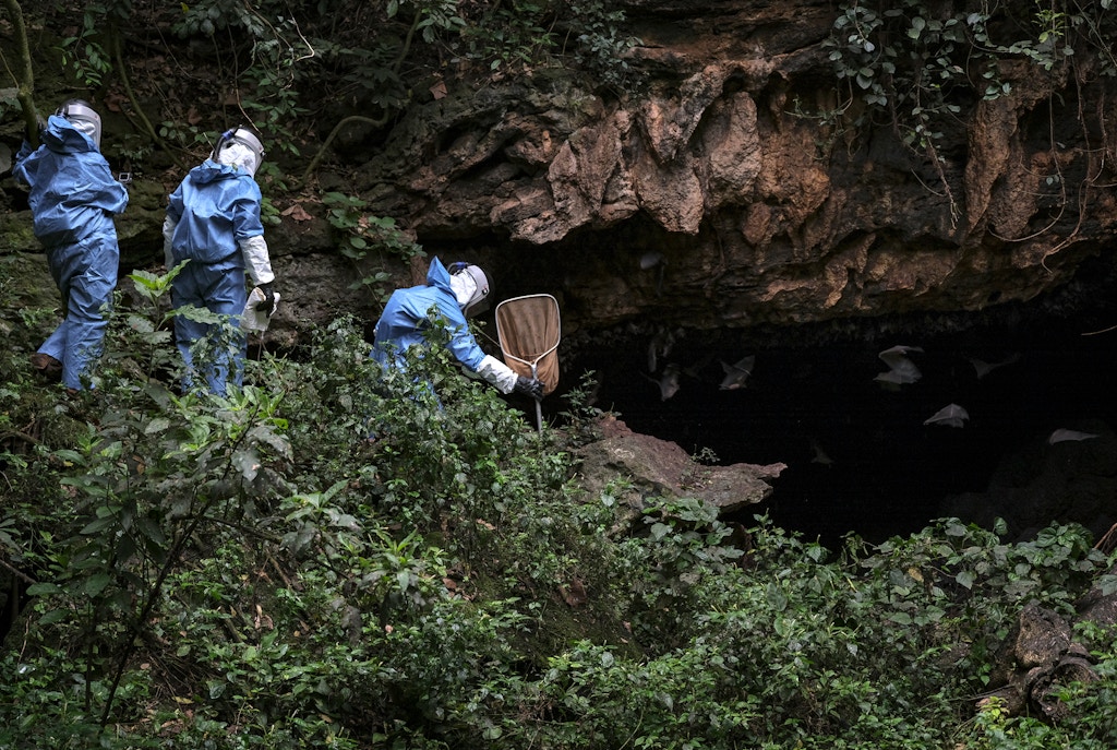 CDC scientists approach Bat Cave in Queen Elizabeth National Park on August 25, 2018, Uganda.