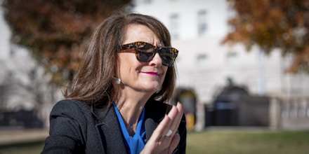 UNITED STATES - NOVEMBER 18: Rep. Marie Newman, D-Ill., speaks with a reporter outside the Capitol on Thursday, Nov. 18, 2021. (Photo by Bill Clark/CQ-Roll Call, Inc via Getty Images)
