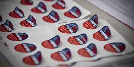 La Habra Heights, CA - June 07:  Vote stickers await voters in the California primary at The Park in La Habra Heights Tuesday, June 7, 2022. (Allen J. Schaben / Los Angeles Times via Getty Images)