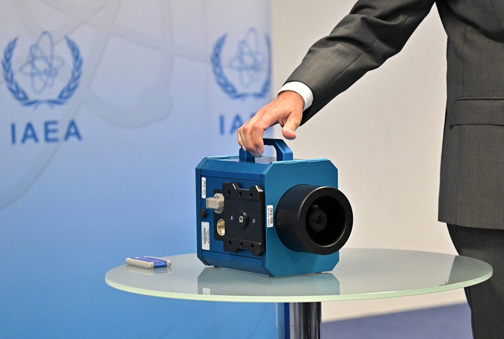 Rafael Grossi, Director General of the International Atomic Energy Agency (IAEA), informs journalists next to a camera used in Iran about the current situation in Iran during his special press conference at the agency's headquarters in Vienna, Austria on June 09, 2022. - Iran is removing 27 surveillance cameras at nuclear facilities, the International Atomic Energy Agency (IAEA) head Rafael Grossi said, calling it a "serious challenge" to the agency's work in the Islamic republic. (Photo by JOE KLAMAR / AFP) (Photo by JOE KLAMAR/AFP via Getty Images)