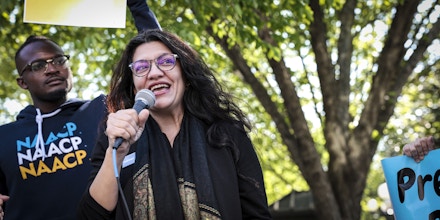 WASHINGTON, DC - APRIL 27: Rep. Rashida Tlaib (D-MI) speaks at a Student Loan Forgiveness rally on Pennsylvania Avenue and 17th street near the White House on April 27, 2022 in Washington, DC. Student loan activists including college students held the rally to celebrate U.S. President Joe Biden's extension of the pause on student loans and also urge him to sign an executive order that would fully cancel all student debt. (Photo by Anna Moneymaker/Getty Images)
