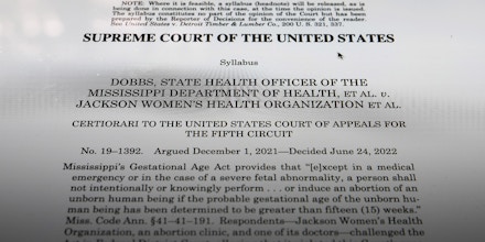 WASHINGTON, DC - JUNE 24: The U.S. Supreme Court decision in Dobbs v Jackson Women's Health which was issued electronically is seen on June 24, 2022 in Washington, DC. The Court's decision in Dobbs v Jackson Women's Health overturns the landmark 50-year-old Roe v Wade case and erases a federal right to an abortion. (Photo by Chip Somodevilla/Getty Images)