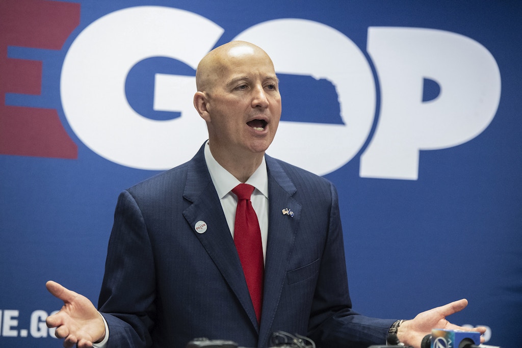 Gov. Pete Ricketts speaks during the Nebraska Republican Party general election kickoff at the Republican state headquarters on Wednesday, May 11, 2022, in Lincoln, Neb. (Gwyneth Roberts/Lincoln Journal Star via AP)