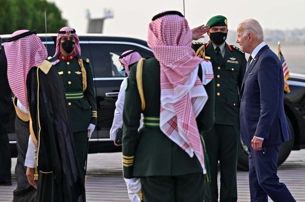 US President Joe Biden arrives at the King Abdulaziz International Airport in the Saudi coastal city of Jeddah, on July 15, 2022. - US President Joe Biden landed in Saudi Arabia, sealing a retreat from his campaign pledge to turn the kingdom into a "pariah" over its human rights record (Photo by MANDEL NGAN / AFP) (Photo by MANDEL NGAN/AFP via Getty Images)