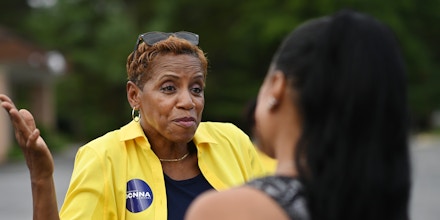 FORT WASHINGTON, MD- JULY 19: Democratic congressional candidate, Donna Edwards greets a voter at Breath of Life Seventh-day Adventist Church on Tuesday July 19, 2022 in Fort Washington, MD. The primary election featured congressional and gubernatorial competition. (Photo by Matt McClain/The Washington Post via Getty Images)