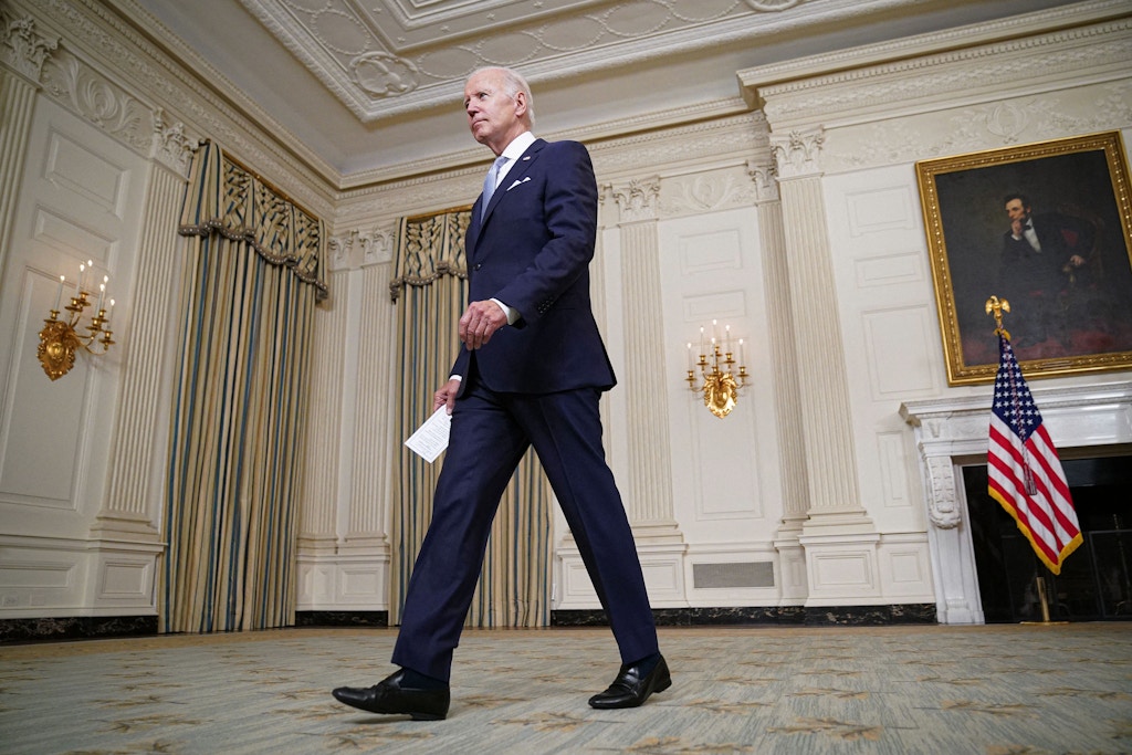 US President Joe Biden leaves after speaking about the Inflation Reduction Act of 2022 in the State Dining Room of the White House in Washington, DC, on July 28, 2022. (Photo by MANDEL NGAN / AFP) (Photo by MANDEL NGAN/AFP via Getty Images)
