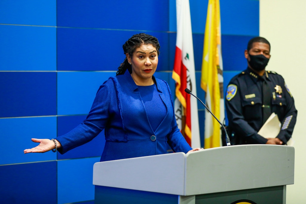 SAN FRANCISCO, CA - JANUARY 26: San Francisco Mayor London Breed speaks during a press conference to present 2021 crime statistics on violent crimes and property crime at the San Francisco Police Department Headquarters on Wednesday, Jan. 26, 2022 in San Francisco, California. (Gabrielle Lurie/San Francisco Chronicle via Getty Images)