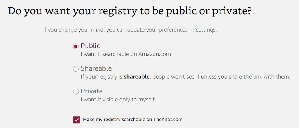 Default privacy settings on the Amazon Baby Registry creation page.  By default, the registries can be searched and viewed by anyone without even needing an Amazon account, and are also shared across three third-party sites, The Bump, What to Expect, and BabyCenter.
