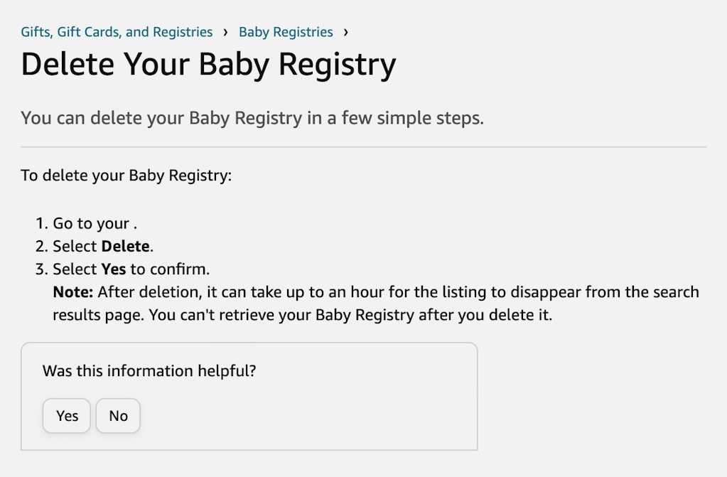 Instructions from Amazon for deleting a baby registry.