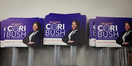 ST LOUIS, MISSOURI - AUGUST 01:  Signs for U.S. Rep. Cori Bush (D-MO) are seen at campaign headquarter on August 01, 2022 in St. Louis, Missouri. Bush, who was rallying volunteers on the eve of the primary, faces state Sen. Steve Roberts and three other candidates.  (Photo by Michael M. Santiago/Getty Images)