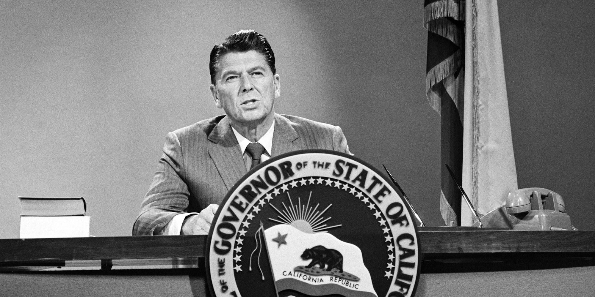 (Original Caption) Sacramento: Gov. Ronald Reagan explains his requested shutdown of California's higher education system in the wake of threatened anti-war violence on statewide television. Reagan said he took action after learning "that deliberate violence and disruptions planned for a number of institutions" in California.