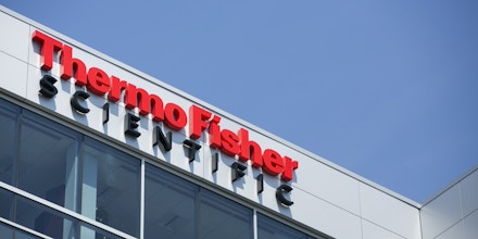 A logo sign outside of the headquarters of Thermo Fisher Scientific in Waltham, Massachusetts on August 13, 2016. Photo by Kristoffer Tripplaar *** Please Use Credit from Credit Field ***