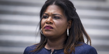 UNITED STATES - MAY 19: Rep. Cori Bush, D-Mo.,  attends an event with the Congressional Tri-Caucus to condemn the the racist mass shooting in Buffalo, on the House steps of the U.S. Capitol on Thursday, May 19, 2022. The Tri-Caucus includes the Congressional Asian Pacific American Caucus, Congressional Black Caucus, and the Congressional Hispanic Caucus. (Tom Williams/CQ-Roll Call, Inc via Getty Images)