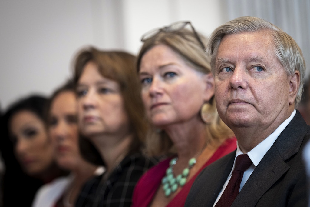 WASHINGTON, DC - SEPTEMBER 13: Sen. Lindsey Graham (R-SC) waits to speak during news conference to announce a new bill on abortion restrictions, on Capitol Hill September 13, 2022 in Washington, DC. Grahams proposal would enact a national ban on abortions after the 15 week mark. (Photo by Drew Angerer/Getty Images)