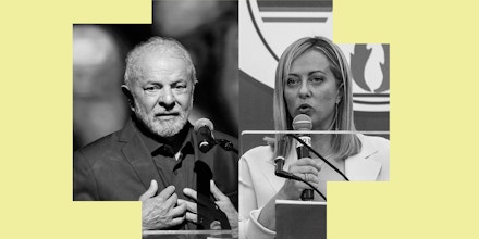 Brazil's former President Luiz Inacio da Silva (left), speaks during a meeting with artists in Sao Paulo, Brazil, Sept. 26, 2022. Giorgia Meloni (right), speaks at a press conference, on September 26, 2022 in Rome, Italy.